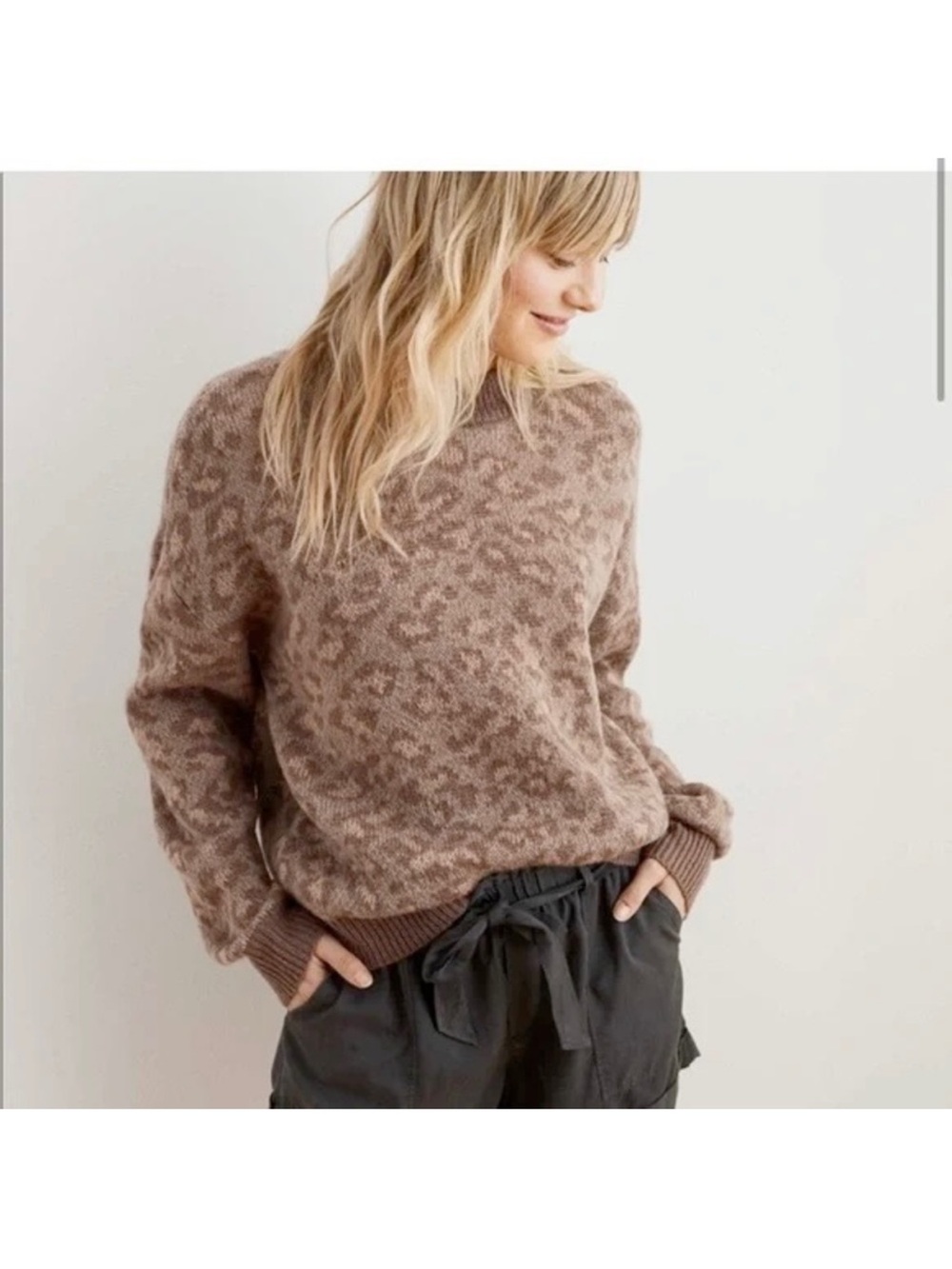 aerie Taupe Leopard-Print Crewneck Sweater